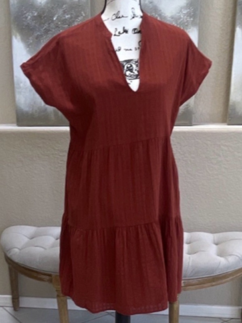GAP Women's Red V-Neck Cap Sleeve Tiered Cotton Knee-Length Shift Dress M
